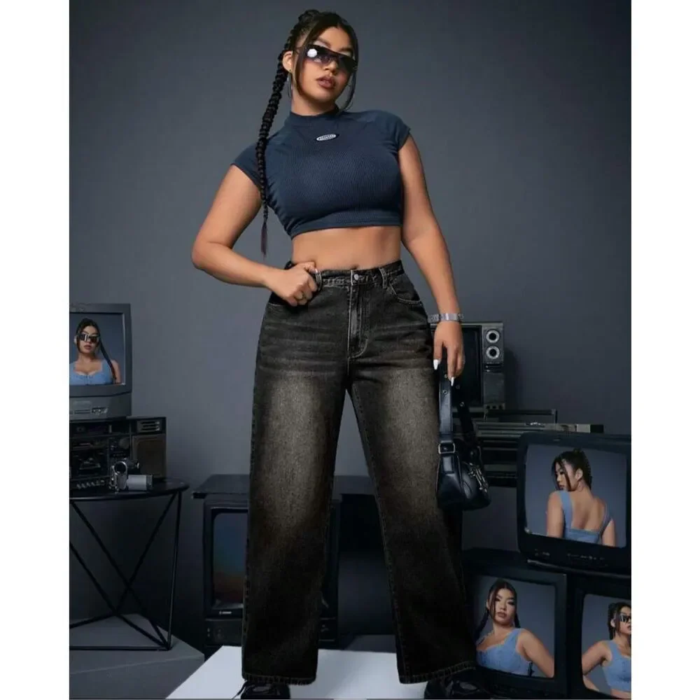 New SHEIN CURVE BLACK WIDE LEG JEANS 1x - Picture 5 of 9